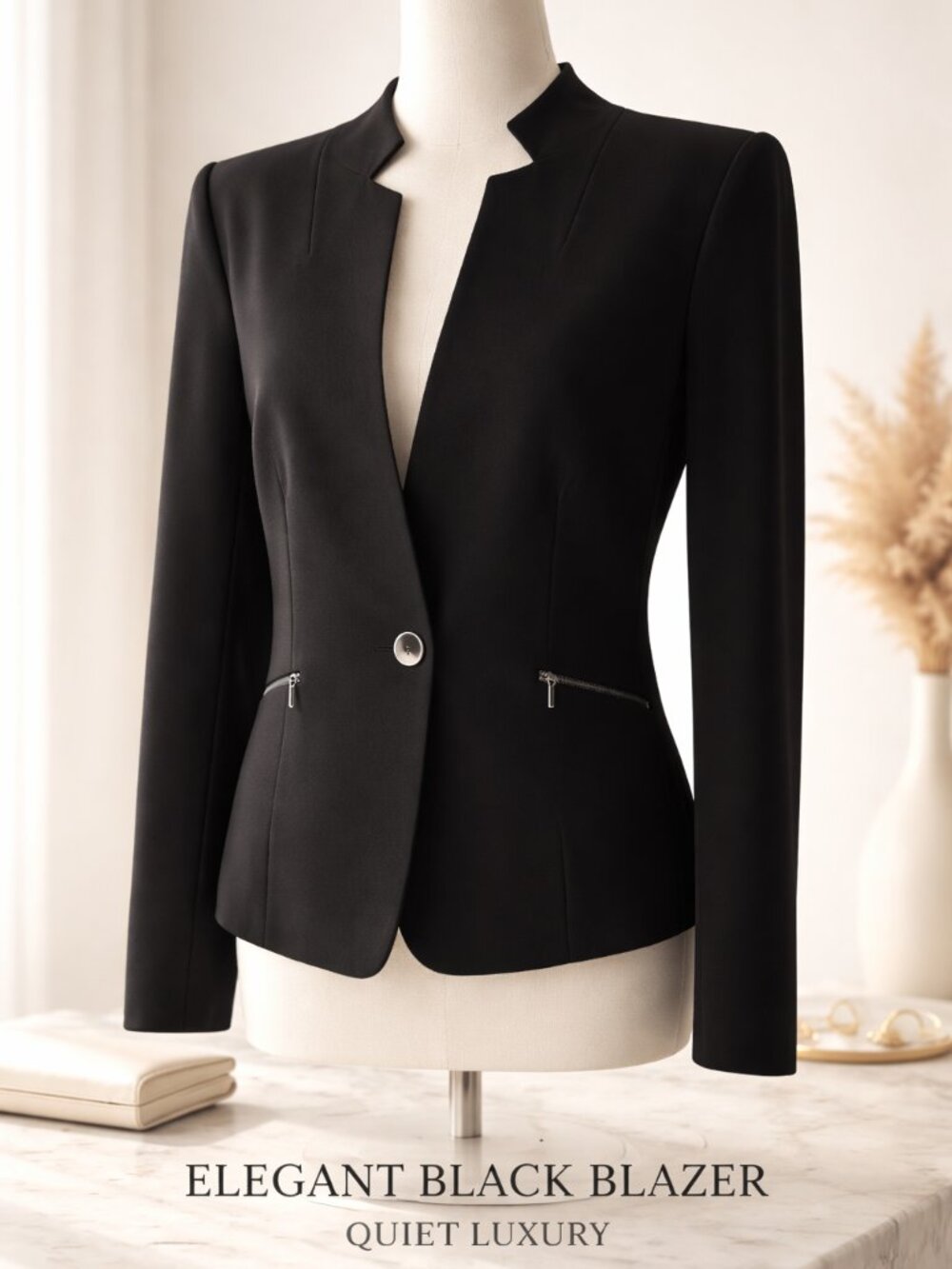 Tahari ASL Size 10 Blazer One Button Closure Zippered Pockets Black Elegant!